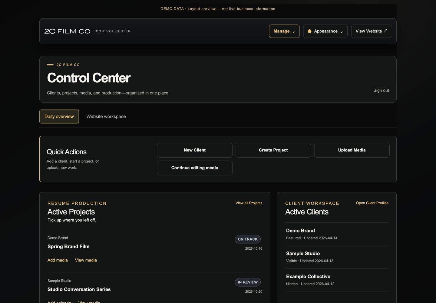 2C Film Co Control Center — demo data only